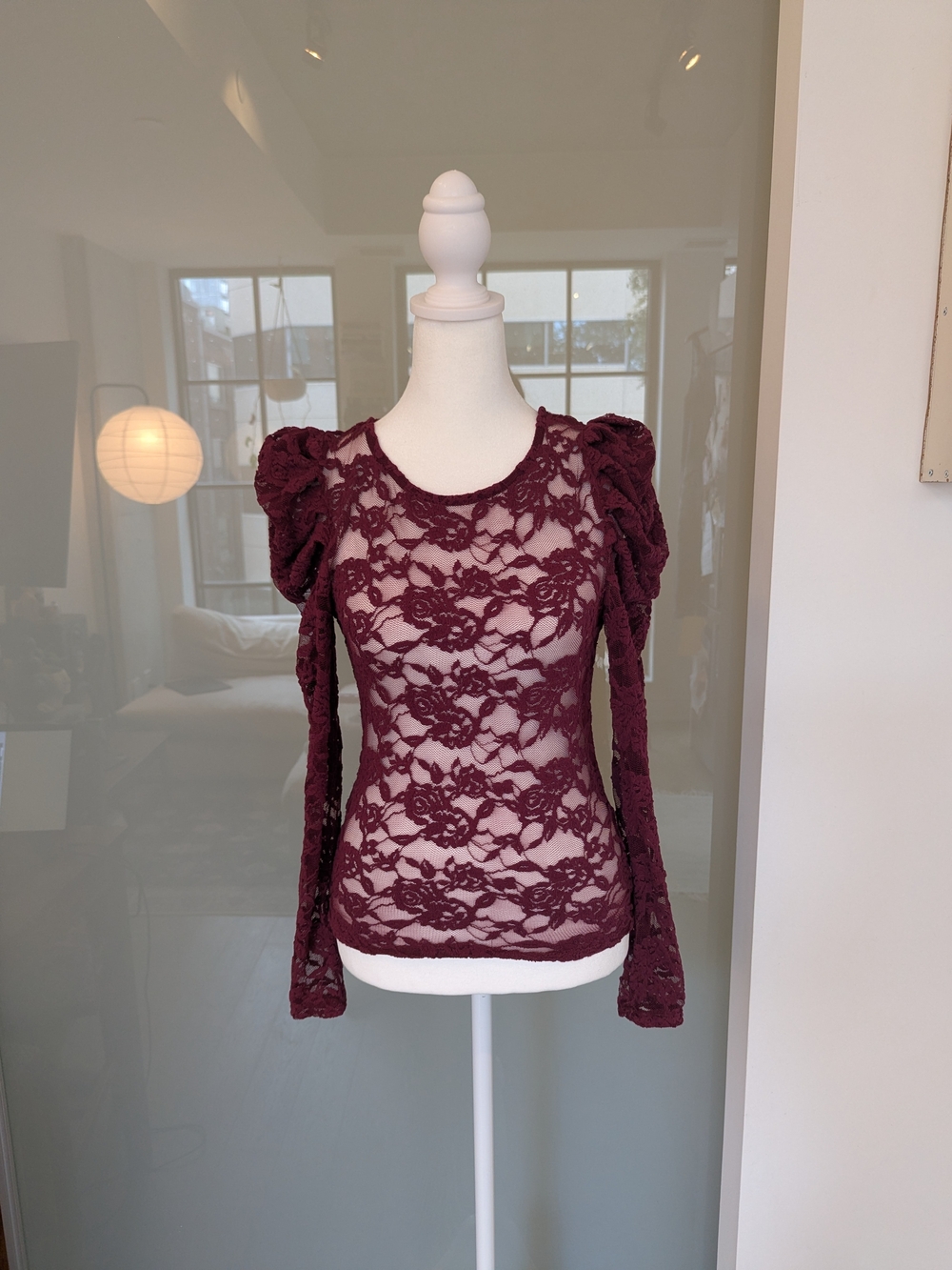 Streetwear Society Burgundy Lace Long-Sleeve Top with Puff Shoulders